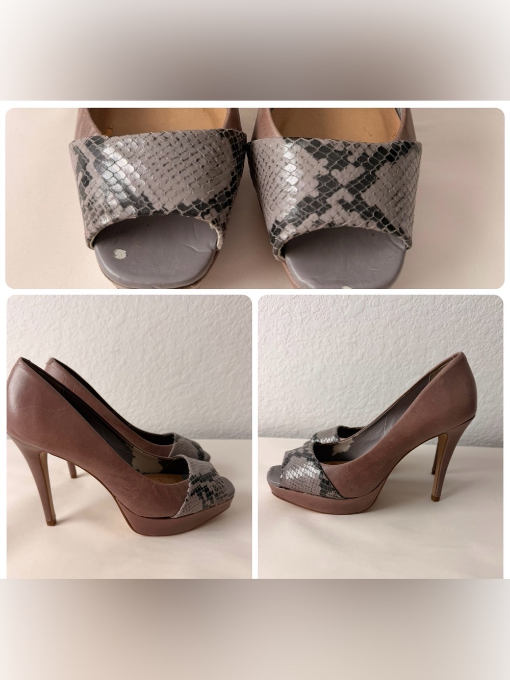 Via Uno Brazil Taupe Leather Peep Toe Pumps | Snakeskin Cap Toe Heels